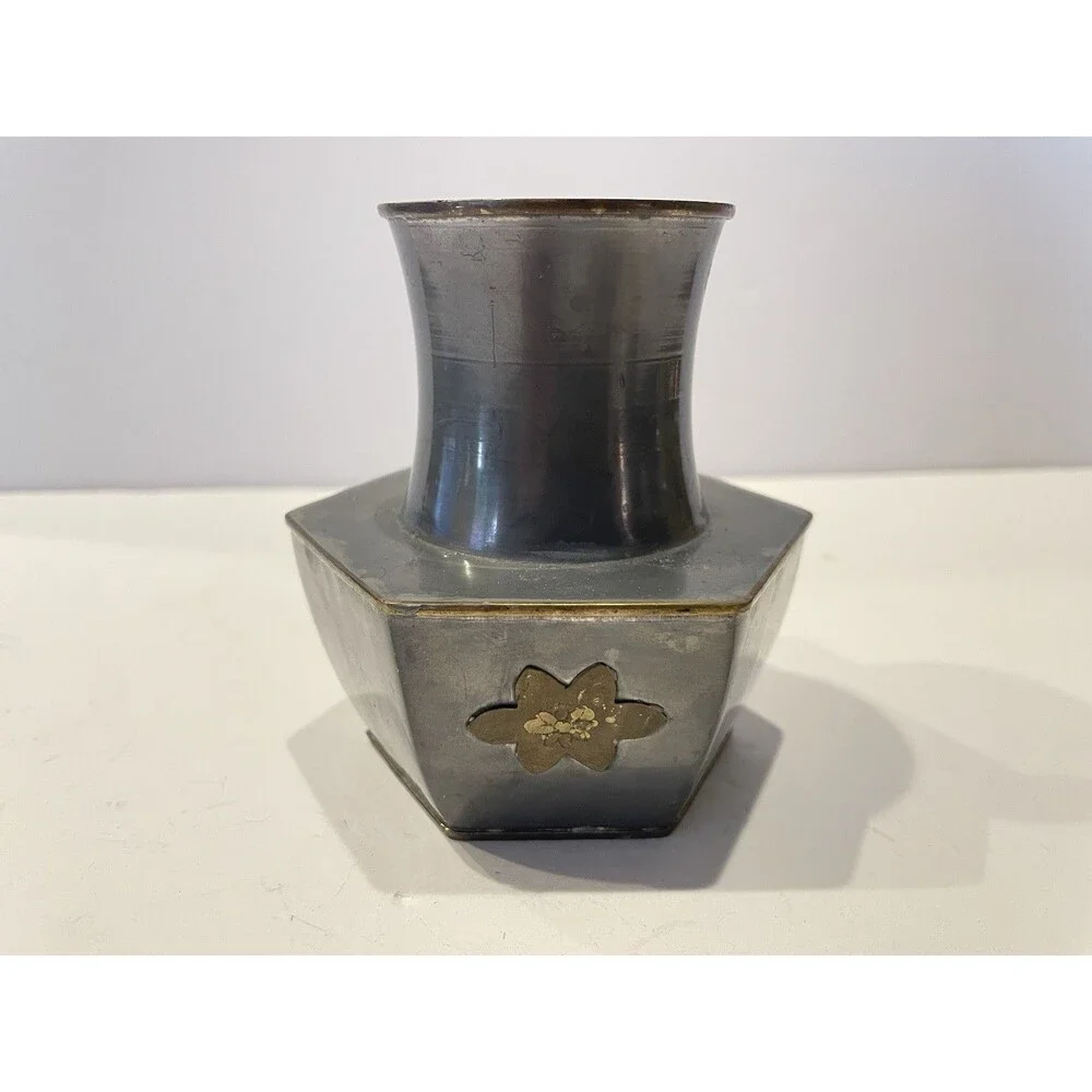 Vtg Colonial  Style Pewter Vase W  Brass Flowers & Trim / Hexagon Base  4 1/4